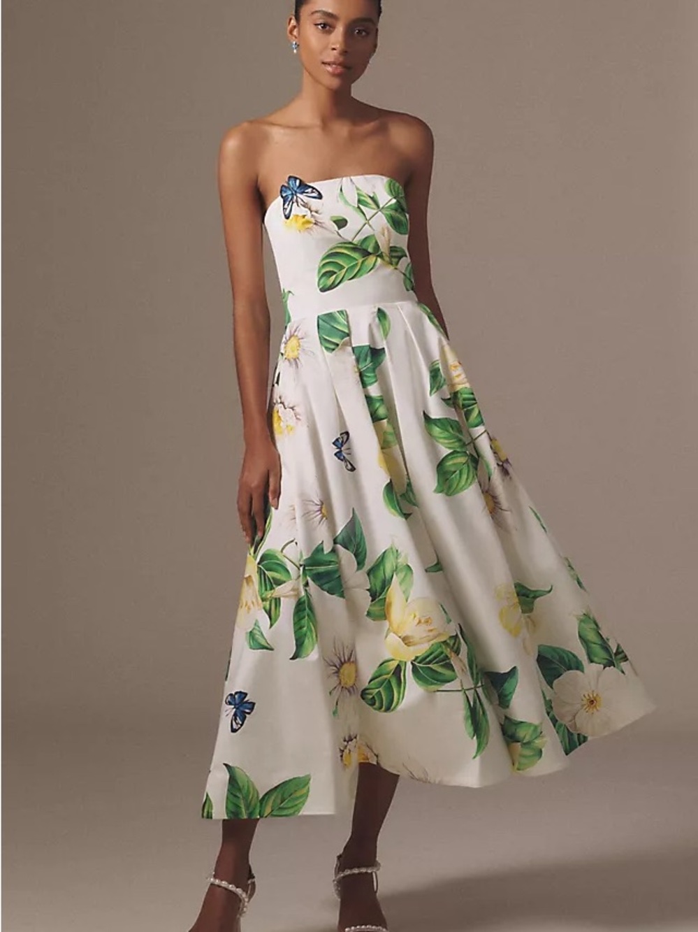 Leo Lin Strapless White Floral Midi Dress with Green Leaves